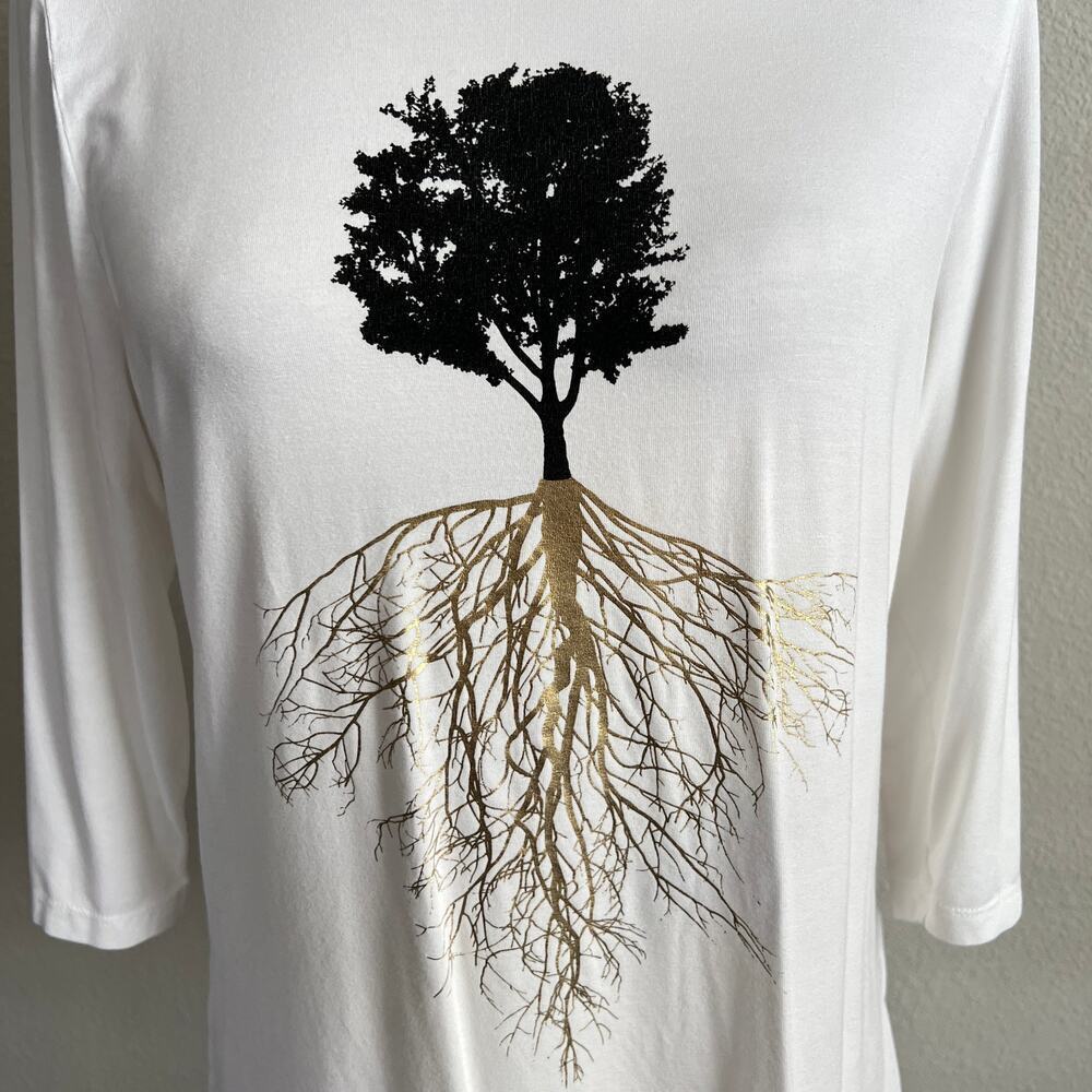 Mikah White Tree Root Graphic Top Women's Large Stretch 3/4 Sleeve Earth Nature - Picture 3 of 8